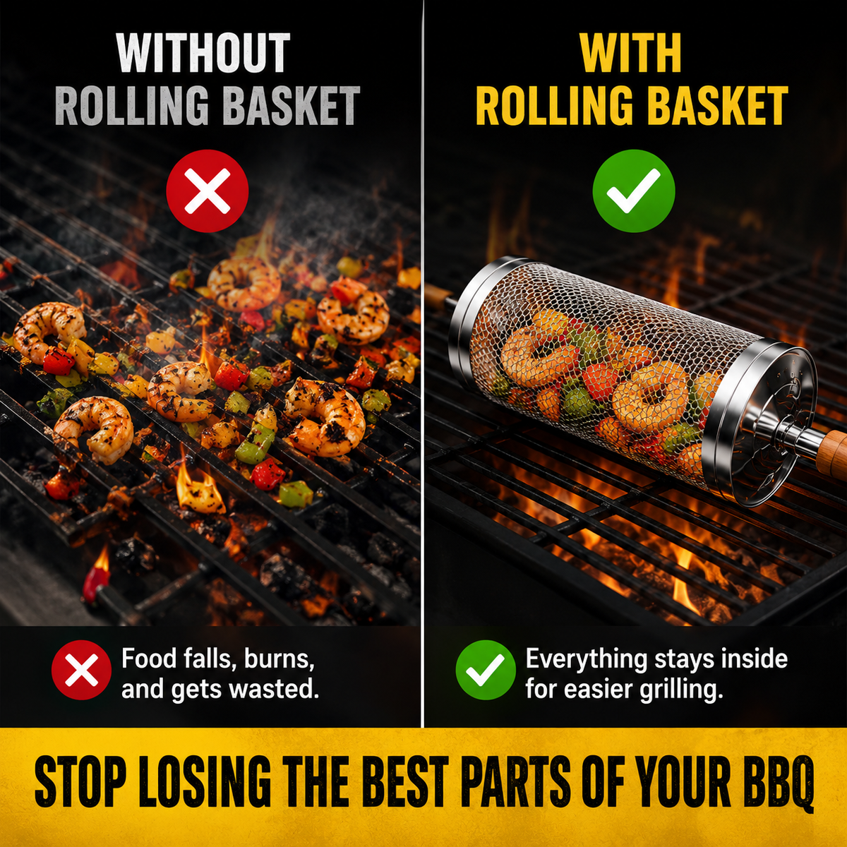 🔥 Never Flip Your Food Again – Rolling BBQ Grill Basket