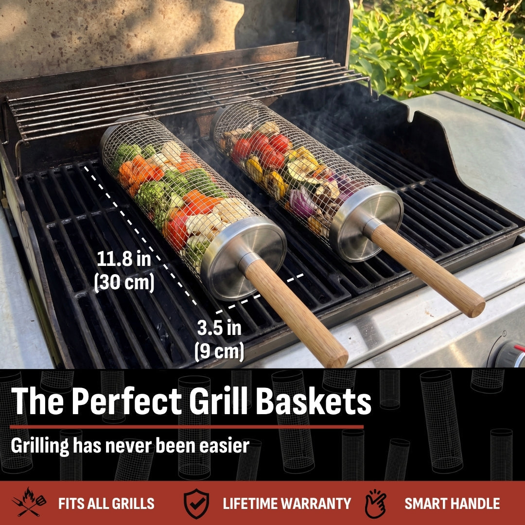 Rolling grill basket with wooden handle and hook